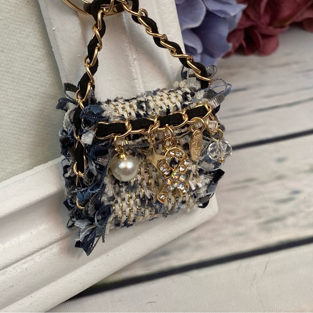 Blue and Black Textured Fabric Handbag Keychain Charm - Picture 4 of 16